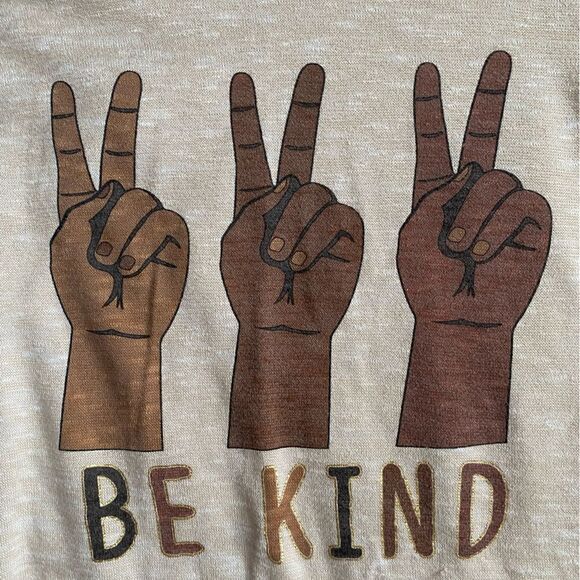 Joei & I Top Be Kind Peace Sign Graphic Lightweight Long Sleeve Tan Womens Small - Picture 4 of 5